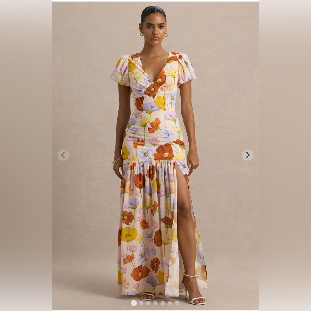 Club L London Cream Floral Print Puff-Sleeve Split Maxi Dress